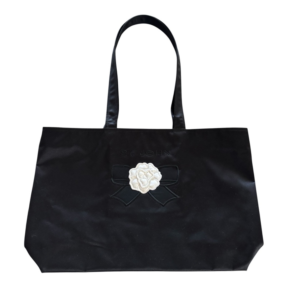 NWOT St. John Large Branded Black Satin Tote with White Floral Appliqué